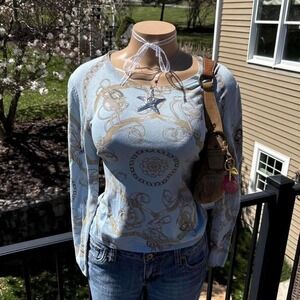 y2k 2000s avant garde baby blue chain print long sleeve top